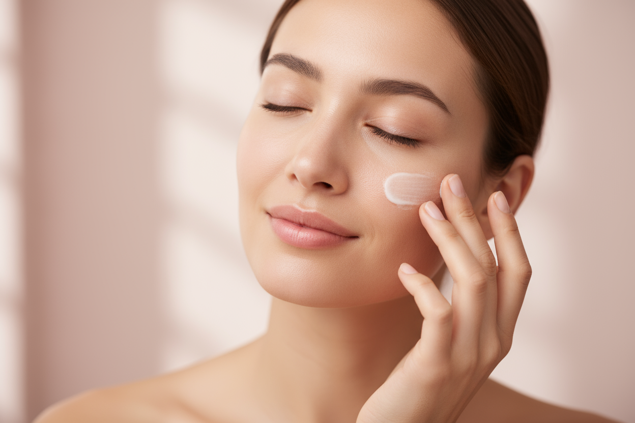 A beautiful woman gently applying face cream with fingers on her cheek, glowing skin, natural light, pink-beige background, soft focus, realistic skincare ad photography. but dont show any product in the picture just putting cream on the face with fingers